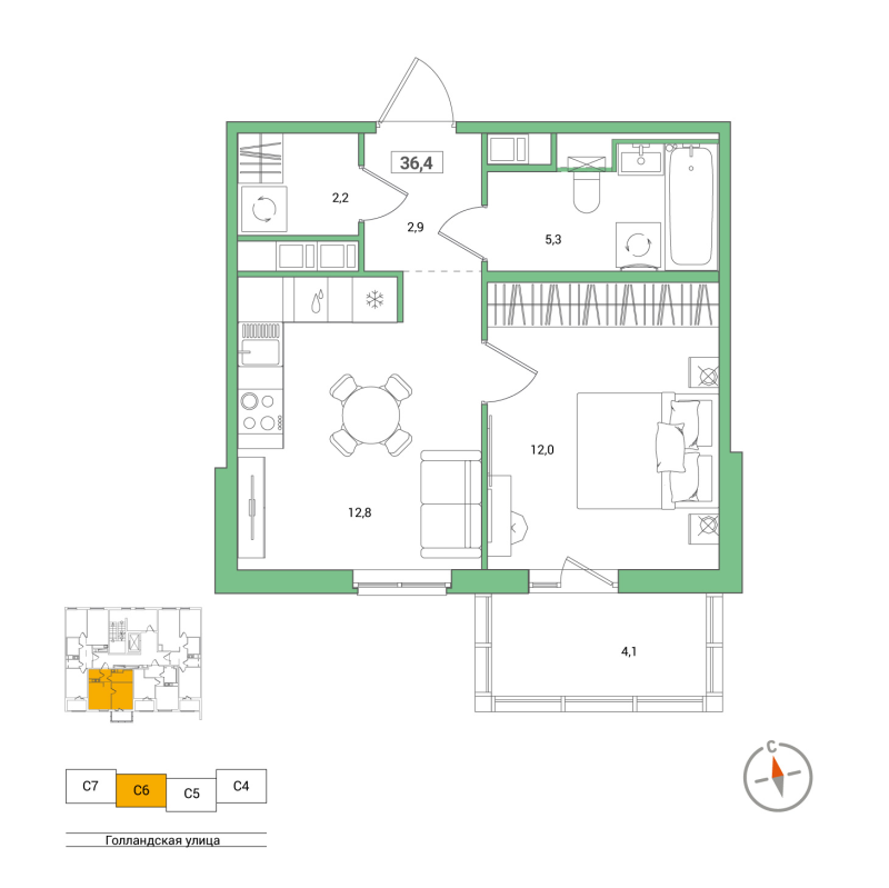 1-комнатная квартира, 36.4 м² - планировка, фото №1