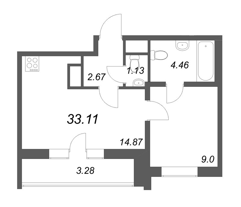 1-комнатная квартира, 33.11 м² в ЖК "Южный форт" - планировка, фото №1