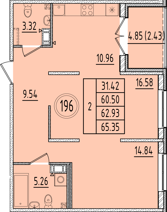 2-комнатная квартира, 60.5 м² в ЖК "Образцовый квартал 6.4" - планировка, фото №1