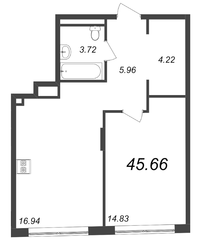 1-комнатная квартира, 45.66 м² - планировка, фото №1