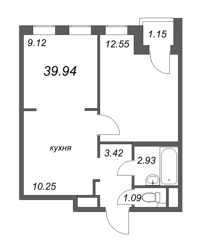 2-комнатная квартира, 39.94 м² - планировка, фото №1
