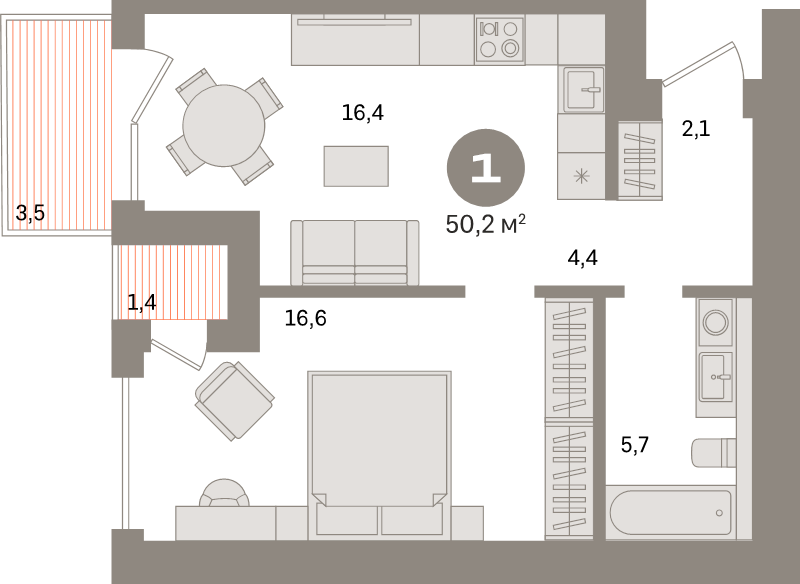 2-комнатная (Евро) квартира, 49.7 м² в ЖК "Северный ветер" - планировка, фото №1