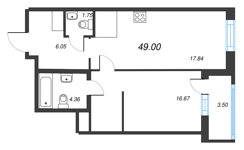 2-комнатная (Евро) квартира, 48.5 м² в ЖК "Окла Вижн" - планировка, фото №1