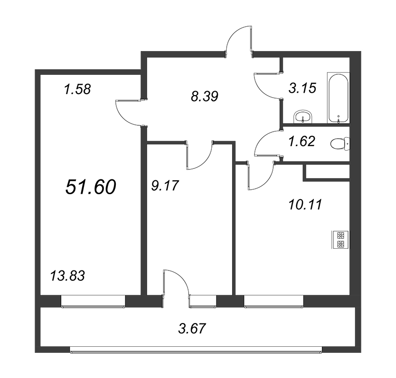 2-комнатная квартира, 48.4 м² - планировка, фото №1