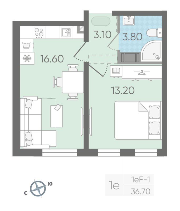 2-комнатная (Евро) квартира, 36.5 м² в ЖК "Октябрьская набережная" - планировка, фото №1