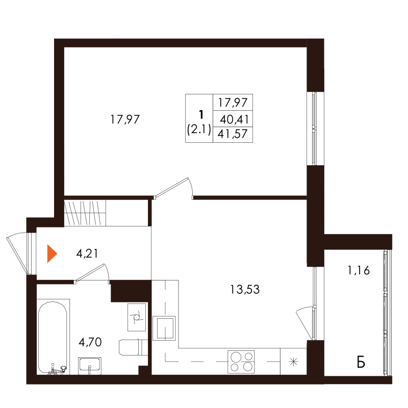 1-комнатная квартира, 41.57 м² - планировка, фото №1