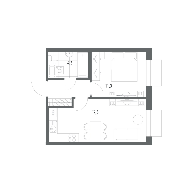 2-комнатная (Евро) квартира, 37.1 м² в ЖК "Парусная 1" - планировка, фото №1