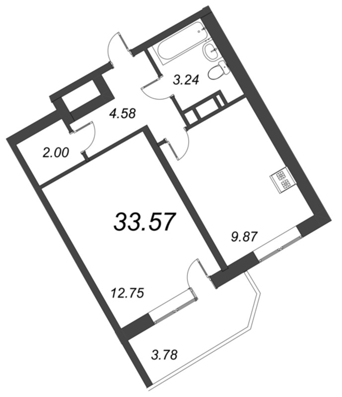 1-комнатная квартира, 33.57 м² - планировка, фото №1