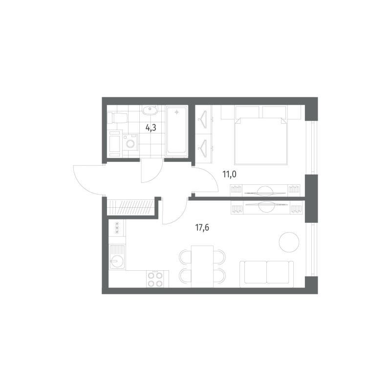 2-комнатная (Евро) квартира, 37.1 м² в ЖК "Парусная 1" - планировка, фото №1