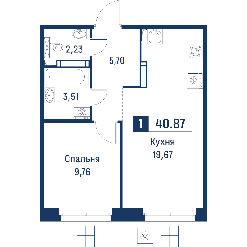 2-комнатная (Евро) квартира, 40.87 м² в ЖК "Символист" - планировка, фото №1