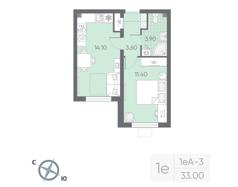 1-комнатная квартира, 33 м² в ЖК "Ручьи" - планировка, фото №1