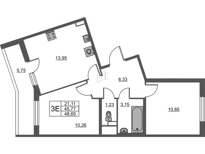3-комнатная (Евро) квартира, 48.65 м² в ЖК "Лето" - планировка, фото №1