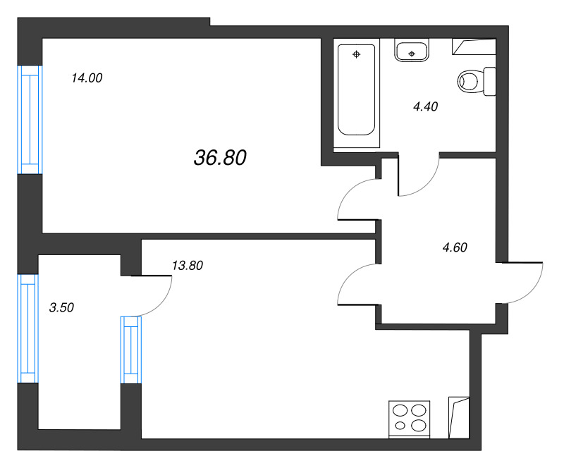 1-комнатная квартира, 36.8 м² - планировка, фото №1