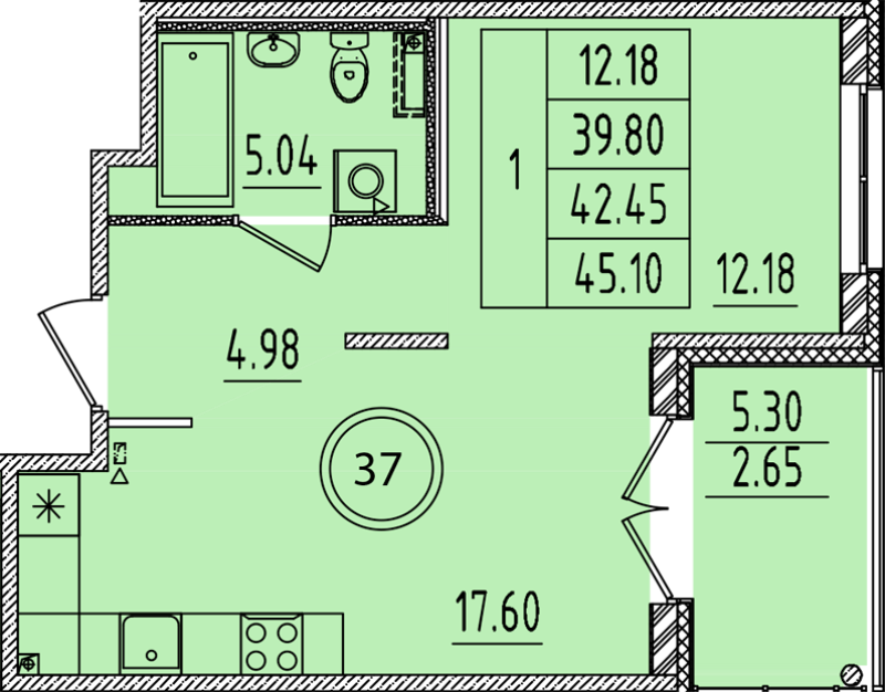 2-комнатная (Евро) квартира, 39.8 м² в ЖК "Образцовый квартал 14" - планировка, фото №1