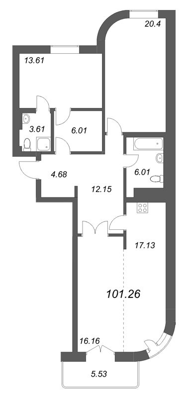 3-комнатная (Евро) квартира, 101.26 м² в ЖК "Фонтанка 130" - планировка, фото №1