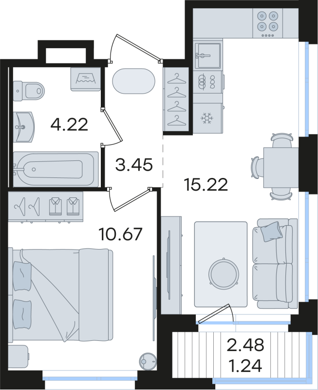 2-комнатная (Евро) квартира, 34.8 м² в ЖК "Романовка" - планировка, фото №1