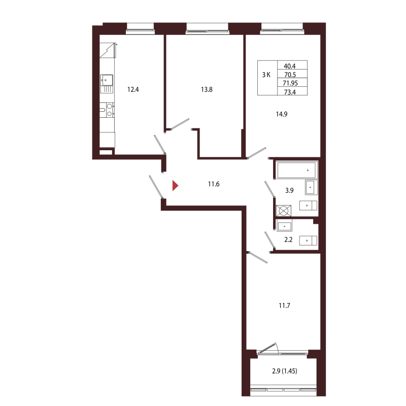 3-комнатная квартира, 71.95 м² в ЖК "Лисино" - планировка, фото №1