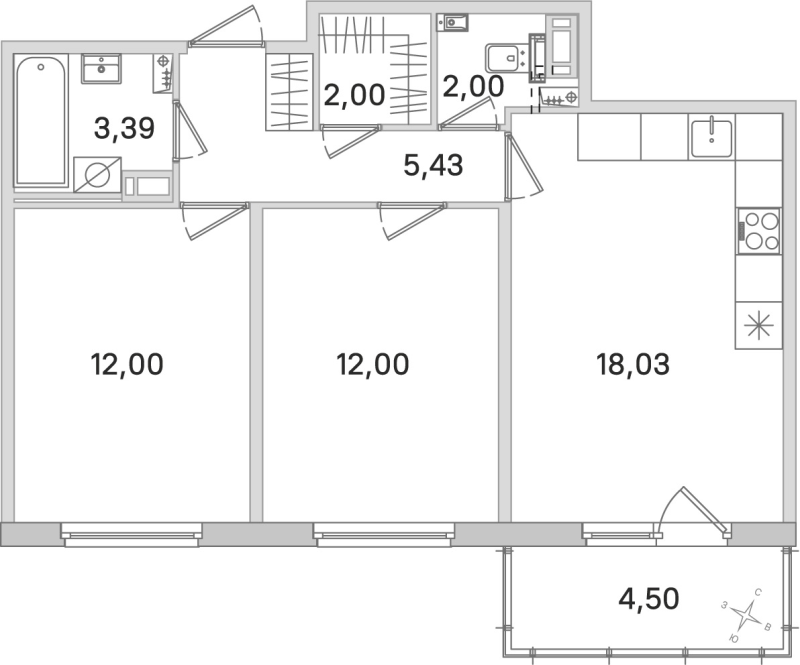 3-комнатная (Евро) квартира, 54.85 м² в ЖК "Любоград" - планировка, фото №1