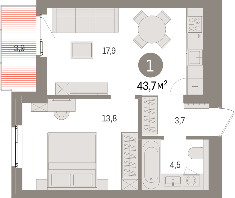 2-комнатная (Евро) квартира, 43.7 м² - планировка, фото №1