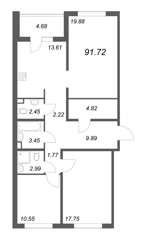 3-комнатная квартира, 91.72 м² - планировка, фото №1