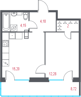2-комнатная (Евро) квартира, 40.43 м² в ЖК "Город-спутник Южный" - планировка, фото №1