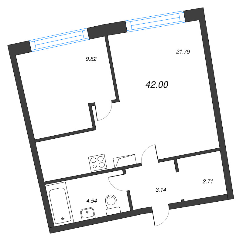 2-комнатная (Евро) квартира, 42 м² в ЖК "Аквилон Riva" - планировка, фото №1