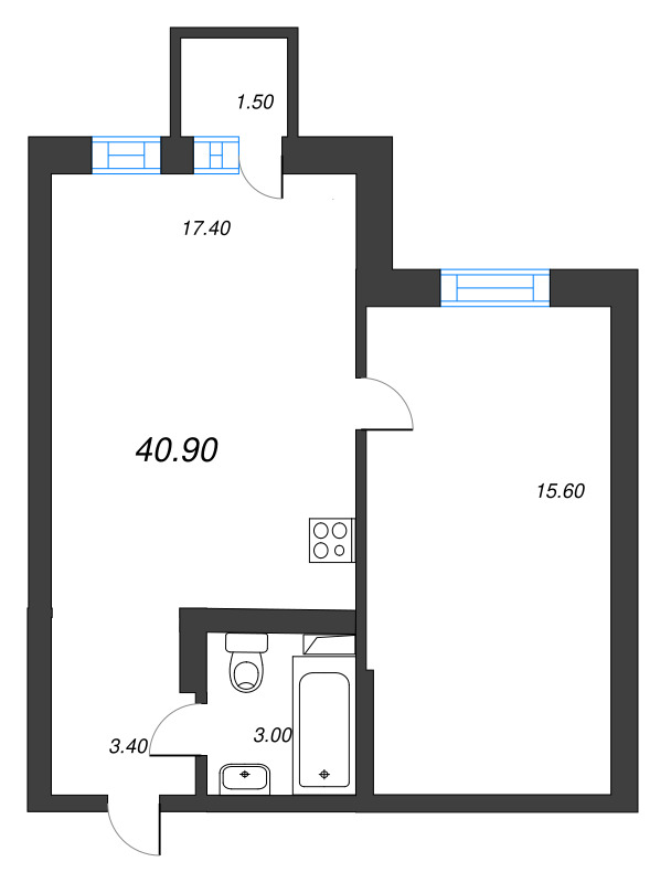 2-комнатная (Евро) квартира, 39.9 м² в ЖК "Эко Квартал Нега" - планировка, фото №1