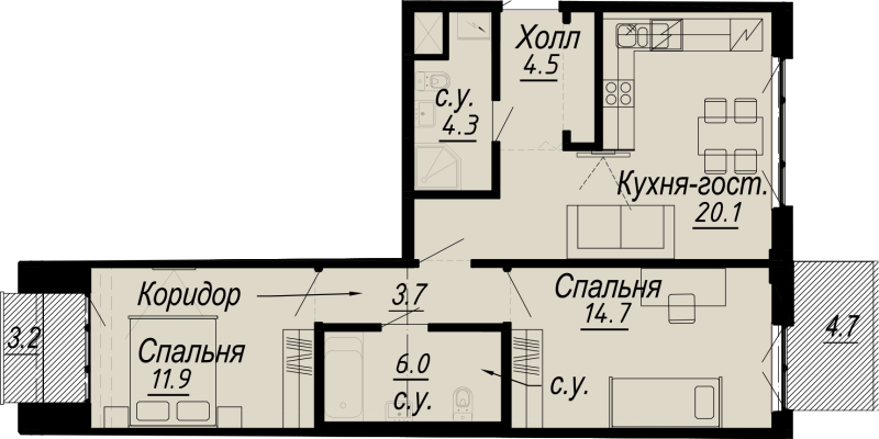 3-комнатная (Евро) квартира, 67.6 м² - планировка, фото №1