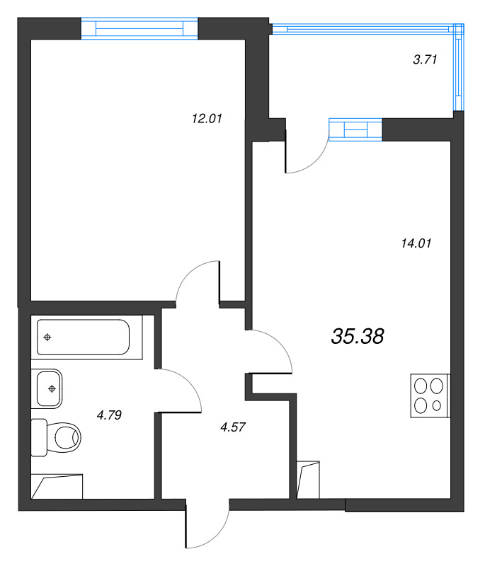 1-комнатная квартира, 35.38 м² в ЖК "Ясно.Янино" - планировка, фото №1