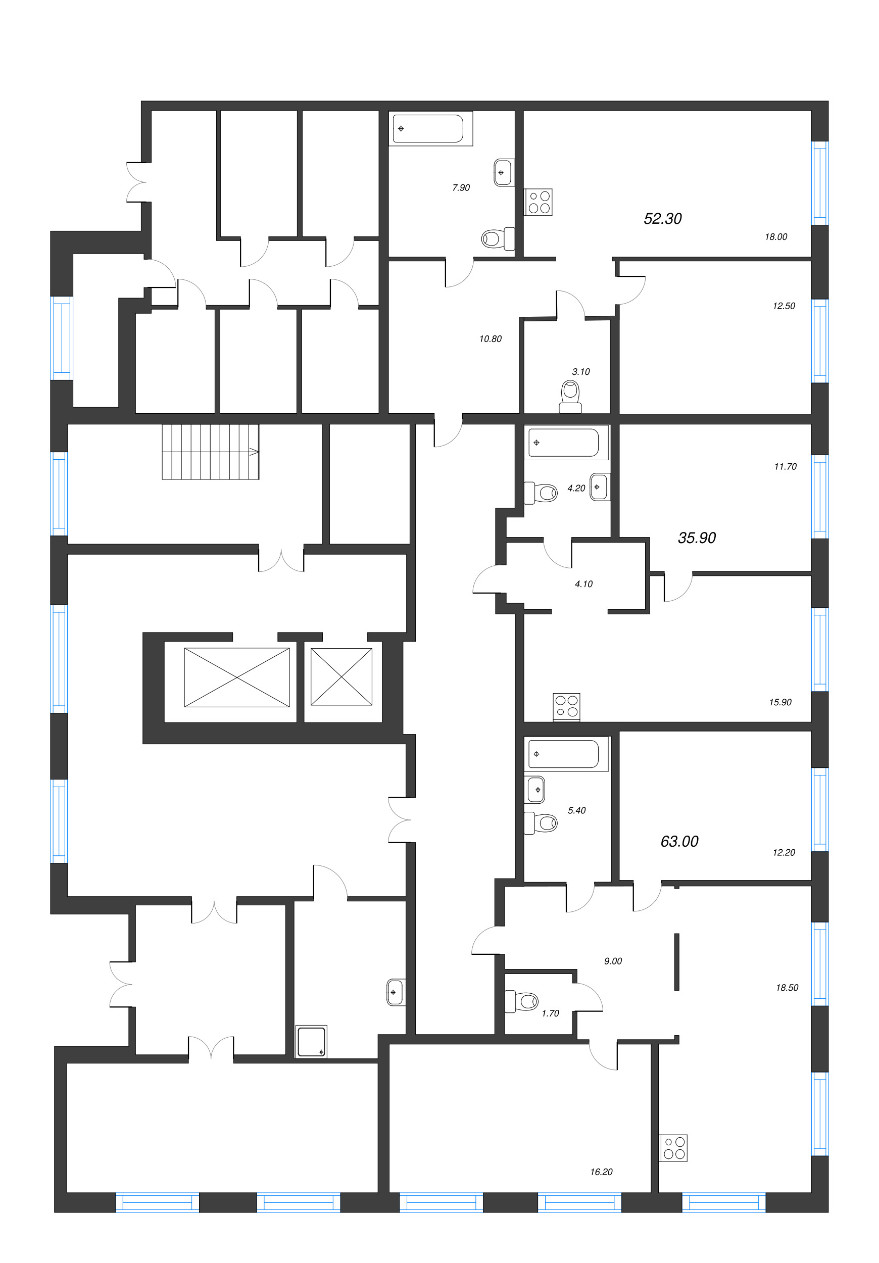 3-комнатная (Евро) квартира, 63 м² - планировка этажа