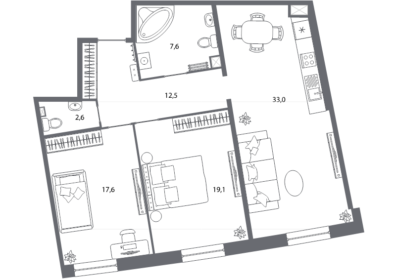 3-комнатная (Евро) квартира, 92.4 м² - планировка, фото №1