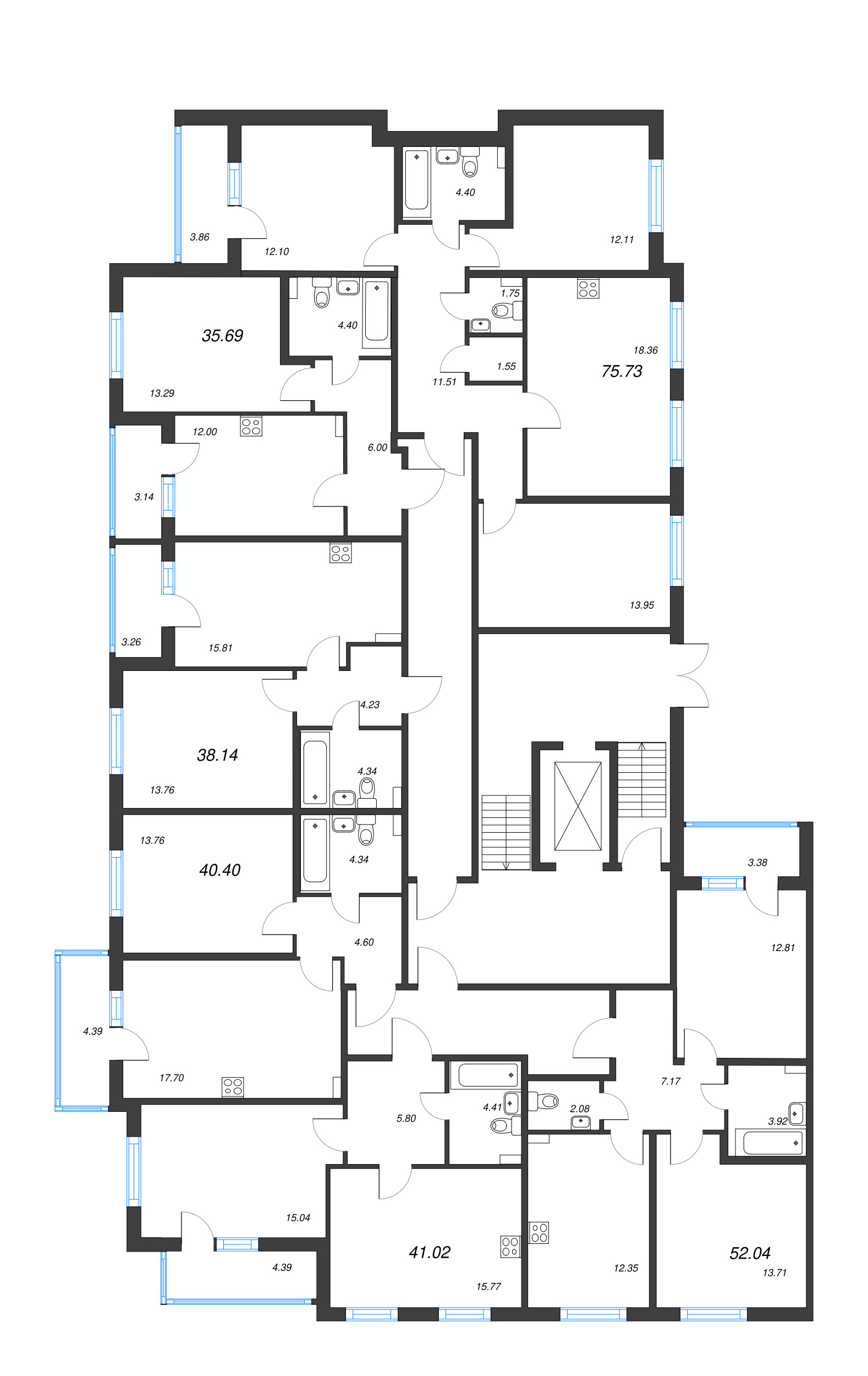 4-комнатная (Евро) квартира, 75.73 м² - планировка этажа