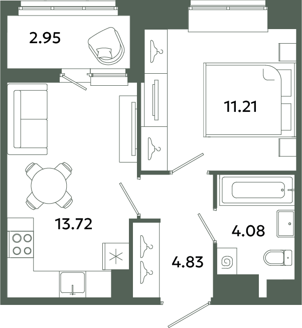 1-комнатная квартира, 35.32 м² в ЖК "Загляденье" - планировка, фото №1
