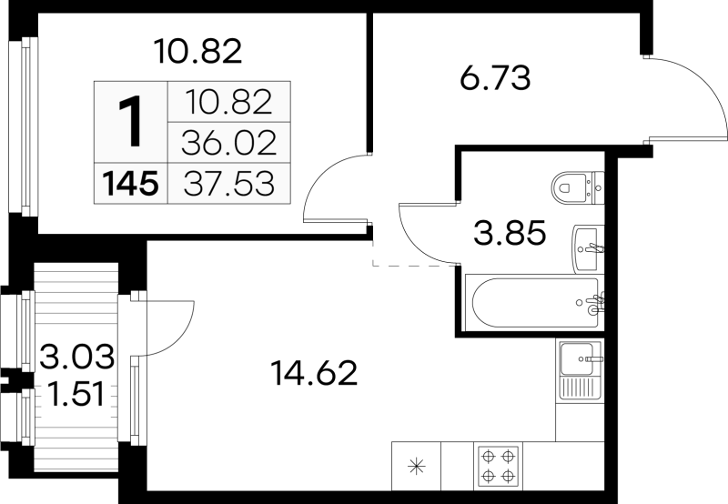 1-комнатная квартира, 37.53 м² в ЖК "GloraX Парголово" - планировка, фото №1