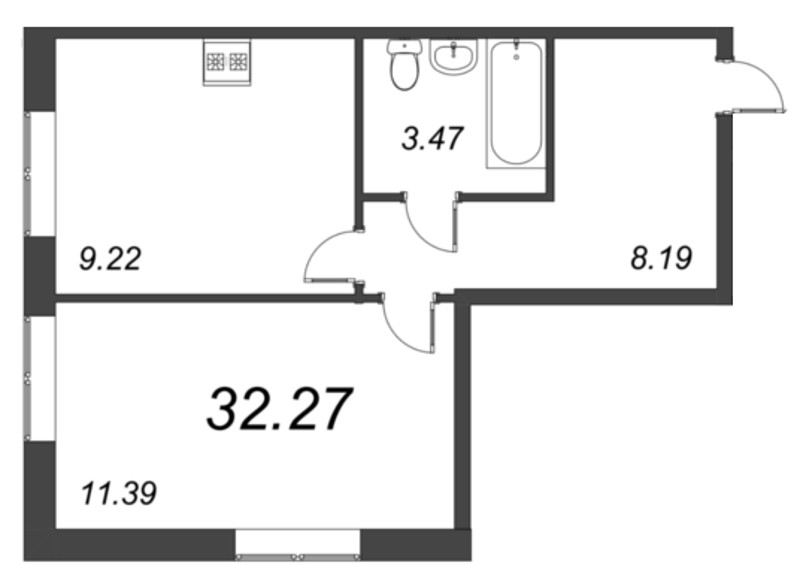 1-комнатная квартира, 32.27 м² - планировка, фото №1
