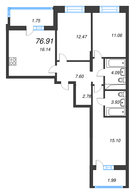 3-комнатная квартира, 76.91 м² - планировка, фото №1