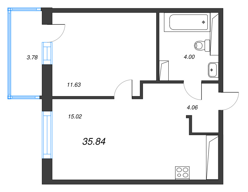 2-комнатная (Евро) квартира, 35.84 м² в ЖК "Окла" - планировка, фото №1