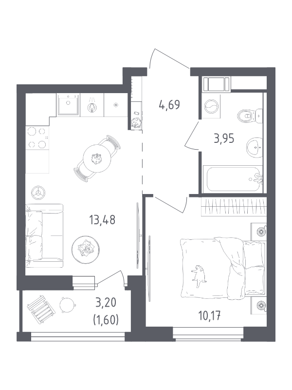 1-комнатная квартира, 33.89 м² в ЖК "Южная Нева" - планировка, фото №1