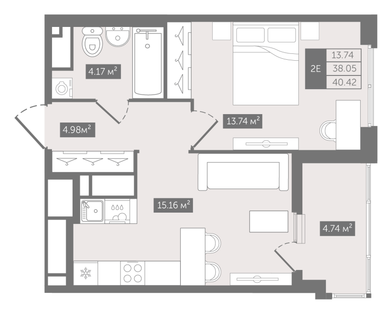 2-комнатная (Евро) квартира, 40.42 м² в ЖК "N8" - планировка, фото №1