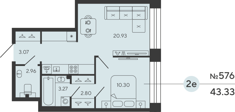 2-комнатная (Евро) квартира, 43.33 м² в ЖК "Башни Элемент" - планировка, фото №1