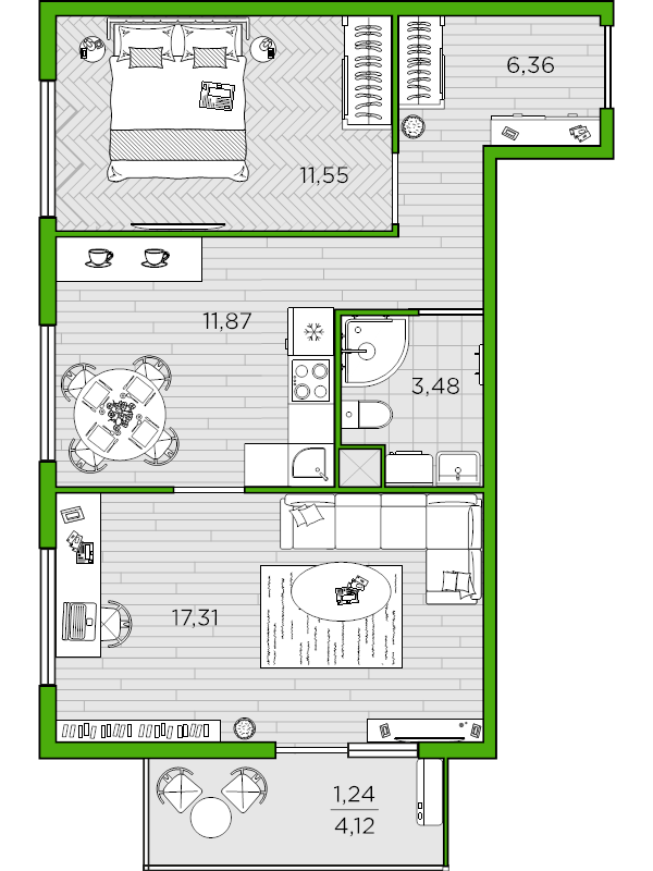 2-комнатная квартира, 51.81 м² - планировка, фото №1