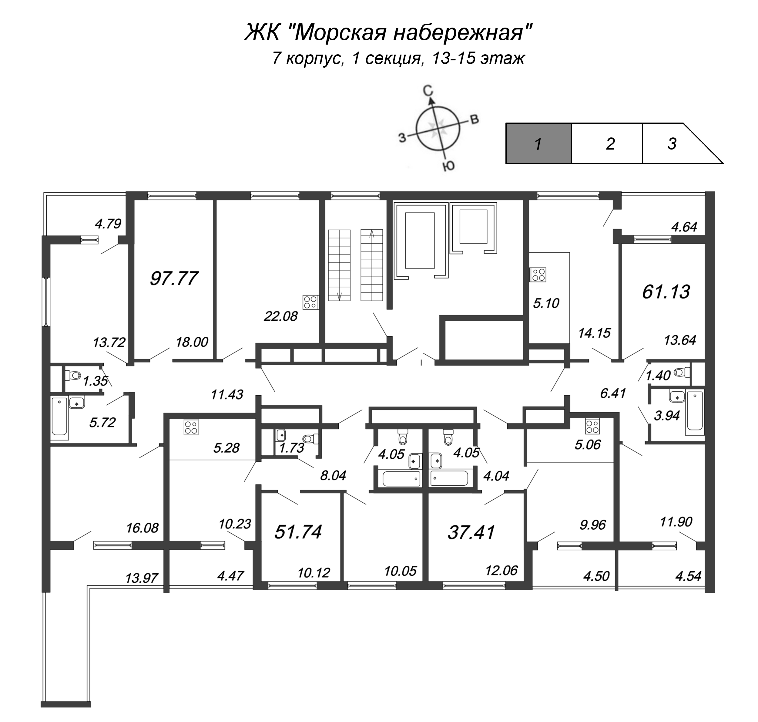 4-комнатная (Евро) квартира, 96.5 м² в ЖК "Морская набережная" - планировка этажа