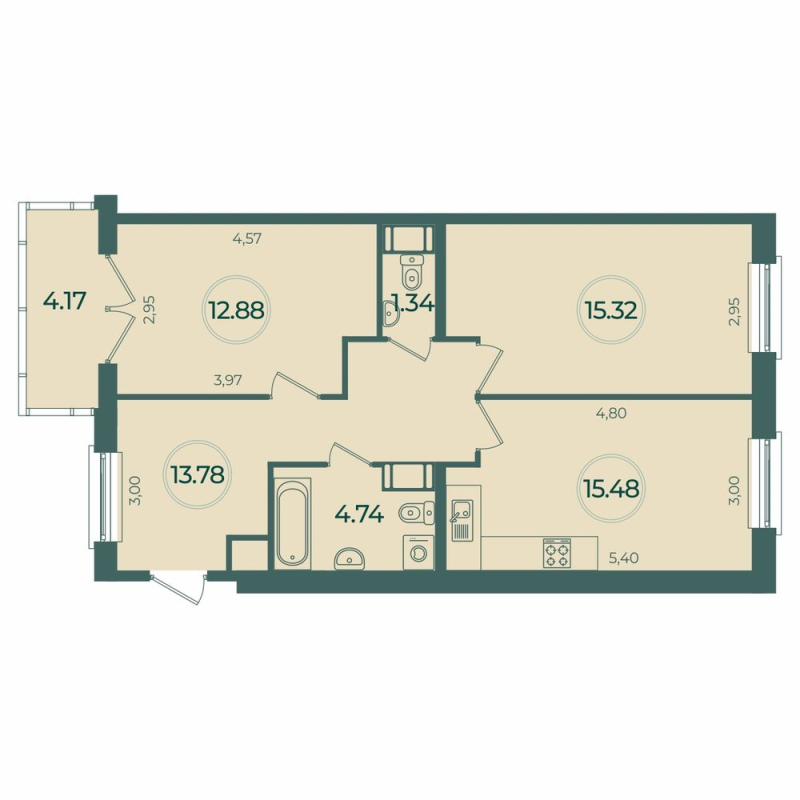 3-комнатная (Евро) квартира, 64.79 м² в ЖК "Дуалист" - планировка, фото №1
