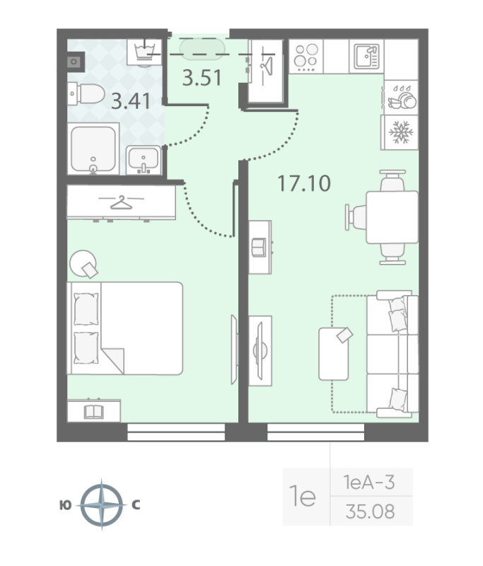 2-комнатная (Евро) квартира, 35.08 м² в ЖК "Морская миля" - планировка, фото №1