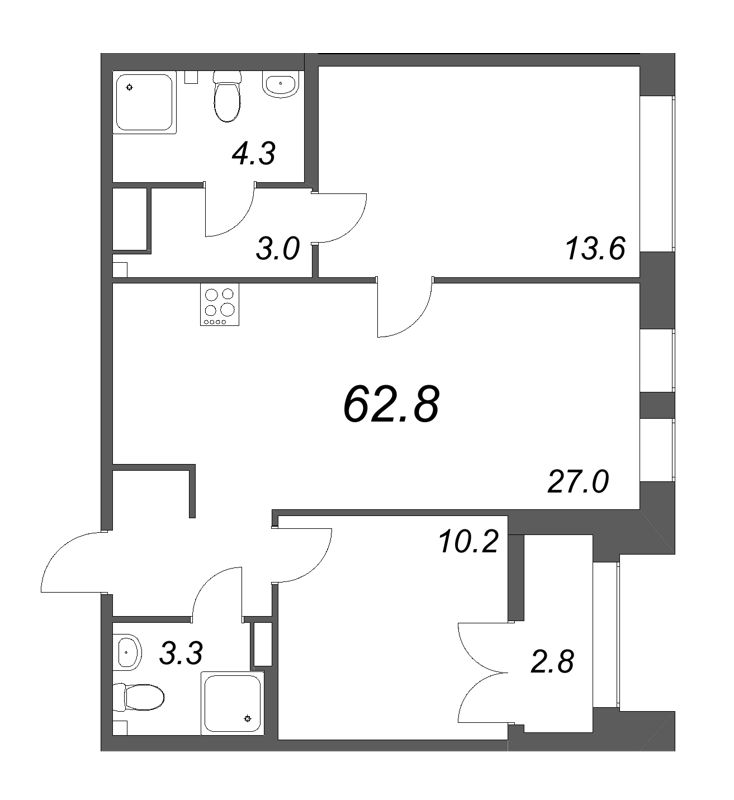 3-комнатная (Евро) квартира, 62.8 м² в ЖК "NewПитер 2.0" - планировка, фото №1