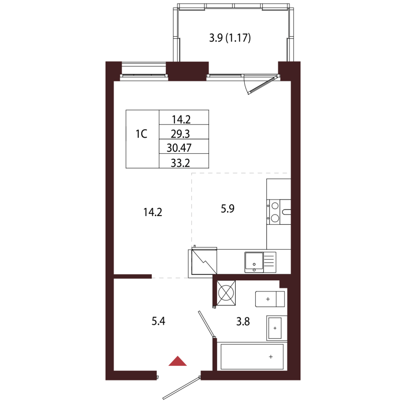 1-комнатная квартира, 30.47 м² в ЖК "Лисино" - планировка, фото №1
