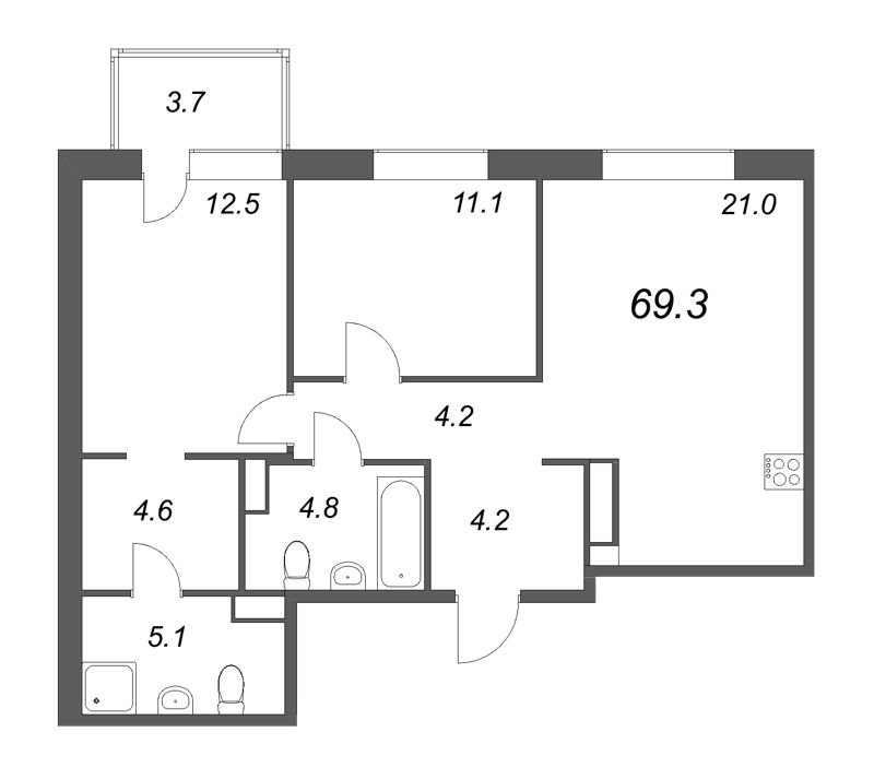 3-комнатная (Евро) квартира, 69.3 м² в ЖК "Куинджи" - планировка, фото №1