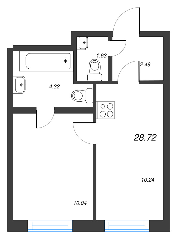 1-комнатная квартира, 28.72 м² - планировка, фото №1