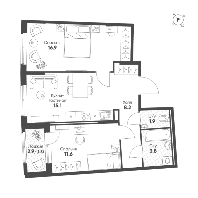 3-комнатная (Евро) квартира, 59 м² в ЖК "Ягодное Река Парк" - планировка, фото №1