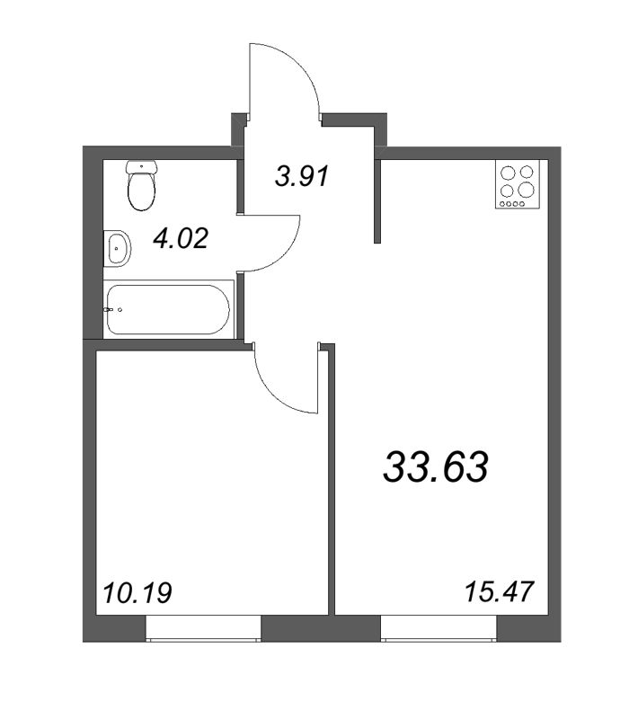 2-комнатная (Евро) квартира, 33.63 м² - планировка, фото №1